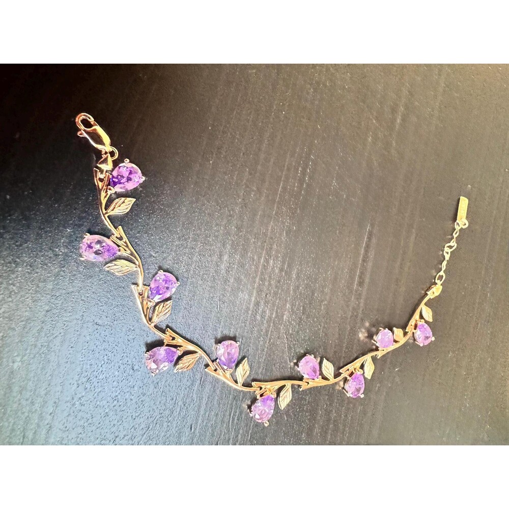 585 14K RG Rolled Gold Stamped Purple Zircon Pear Vine Leaf Adjustable Bracelet